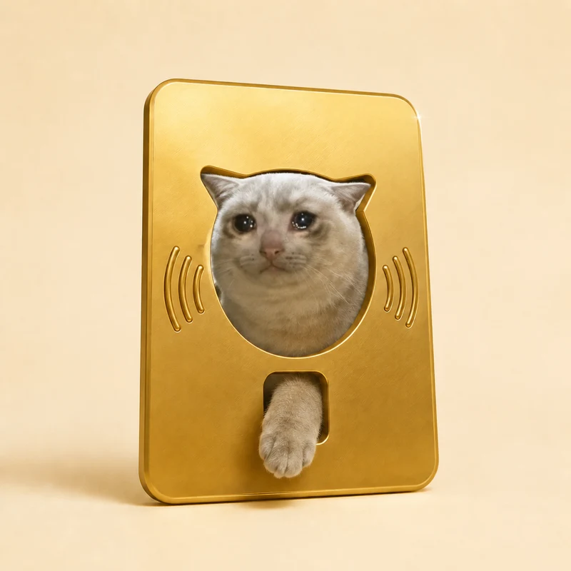 TapCat: a gold contactless card with a cat's face pushing through the cut-out.